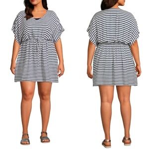 Lands' End Women's‎ L 14-16 Navy White Striped Nautical Swim Coverup Dress